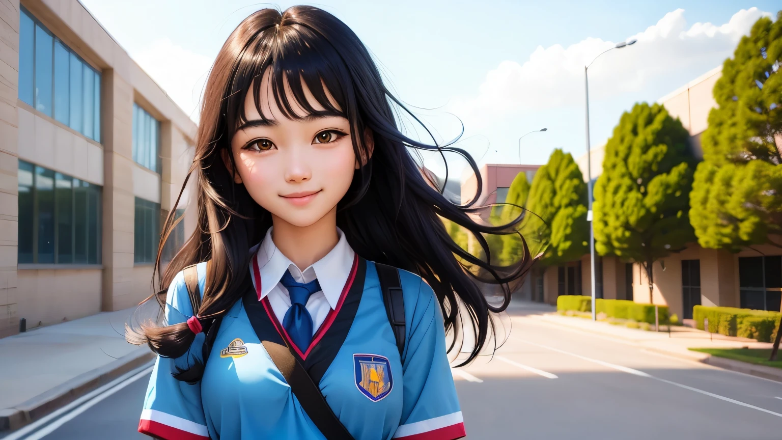 a high school,black hair,Hairstyle,Smile。Upper body,Looking directly into the camera,wear uniform。learning campus,wind blowing hair,HD beautiful