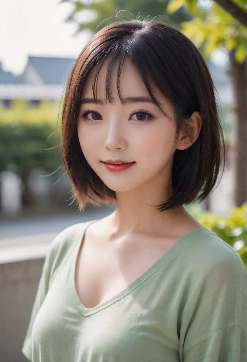 Portrait、8k、high quality、realistic photographic image、18-year-old、japanese woman、Reproduces natural and realistic eyes、japanese stand、beautiful black hair、bob cut hair、light makeup、Octane firm、beautiful lighting、composition of golden ratio、laughter、everyday wear、casual clothes、natural background、blurred background、high level emotion、Pure Japanese humanity、beautiful wife、Upper body、light makeup、No makeup、transparent beauty、plain clothes、green、Plain color、casual clothes、slight smile、small black eyes、background bokeh