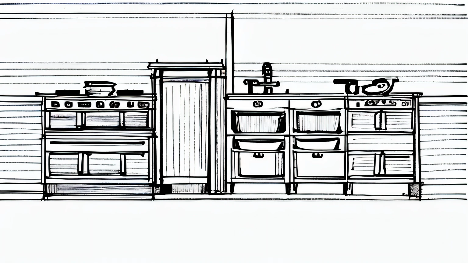 kitchen,Hand drawn design drawing,Line drawing,White bottom,black lines,No coloring