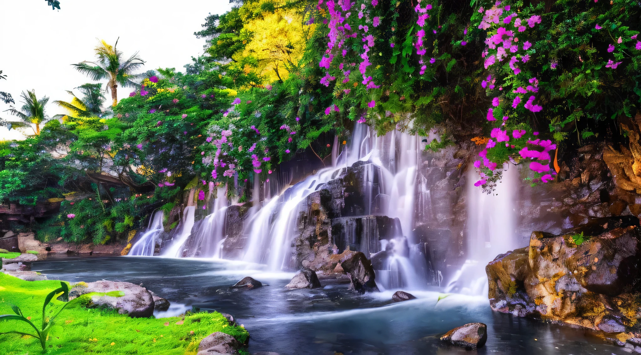 a close up of a waterfall with a bunch of flowers on it, flowers and waterfalls, peaceful beautiful waterfall, beautiful stunning waterfall, waterfalls and lakes, beautiful waterfall, stunning waterfall, floating waterfalls, beautiful nature, lakes and waterfalls, pink waterfalls, waterfall backdrop, with waterfalls and river, cascading, waterfalls, cascading waterfalls, beautiful wallpaper, stunning scene