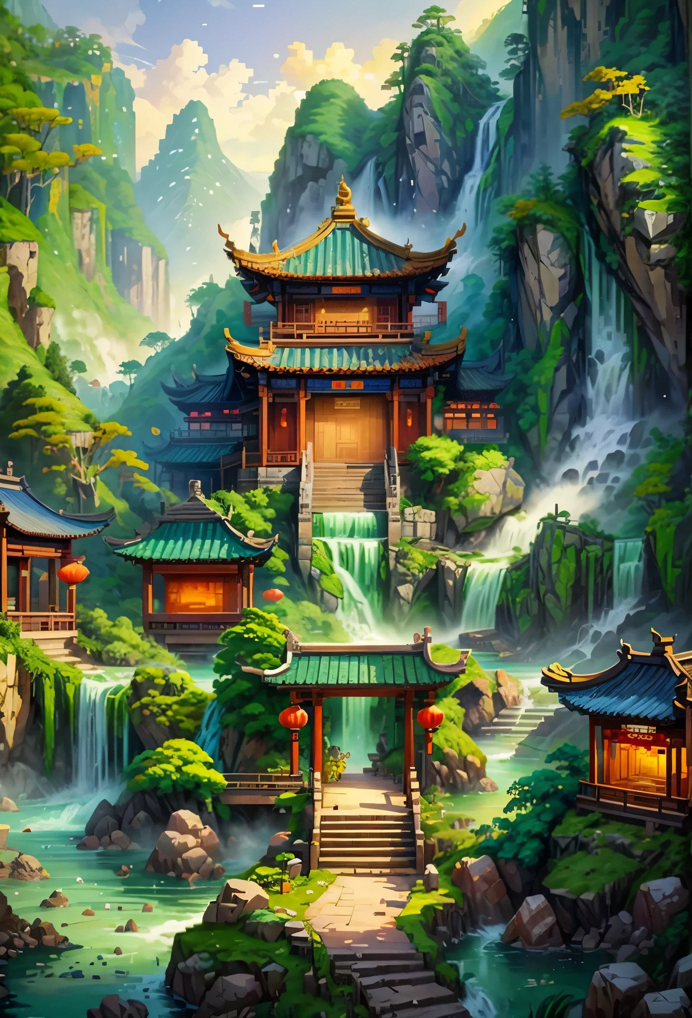 (Pixel game art style:1.2),(masterpiece, best quality:1.2), A breathtaking scene of China's famously beautiful waterfall, showcasing its majestic flow amidst a lush, vibrant landscape. The waterfall cascades over steep cliffs, surrounded by dense forests and mist rising from the impact zone. Traditional Chinese architecture, such as pavilions or bridges, subtly integrates into the scene, enhancing the cultural and natural harmony. The image captures the essence of tranquility and the awe-inspiring power of nature, with crystal-clear water sparkling under the sunlight, creating a serene and picturesque setting that epitomizes the ultimate beauty of Chinese landscapes.