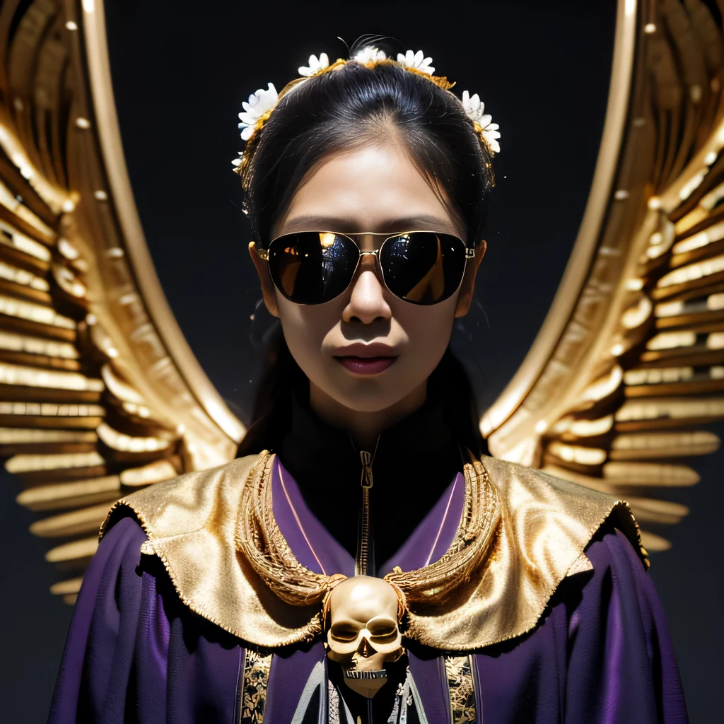 On snowy nights，32k（masterpiece，HD，super high quality，32k）Purple-pink double ponytail，flower stick，Indigo Skull King ，mahogany steering wheel （The skeleton is very realistic：1.4），crocodile print robe，Rusty skull ornaments，Sand gold linen cloak，Petals flying，Deep gold sunglasses，Hold your head high，worthy of pride，looking at people through nostrils，A primary and secondary school student， high resolution，Xueba， detail， original photo， Sharp Re， Nikon D850 film photo by Jefferies Lee 4 Kodak Portra 400 camera F1.6 guns, rich and colorful, Super real、Vivid texture, dramatic lighting, Unreal Engine Art Station Trend, Silicon Nest 800，Hold your head high，side，worthy of pride，looking at people through nostrils，arrogant，Petals flying，Petals flying，Gold-plated crocodile leather，Fluttering，Impeccable，( Reasonable design, clear lines, HD definition,best quality, Very detailed skeleton, skeleton of masterpiece, official art, Lighting effects, 8K crocodile skeleton（（（Windproof goggles）））Deep gold sunglasses，sideportrait