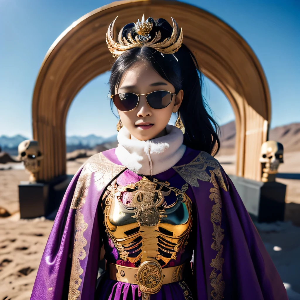 On snowy nights，32k（masterpiece，HD，super high quality，32k）Purple-pink double ponytail，flower stick，Indigo Skull King ，mahogany steering wheel （The skeleton is very realistic：1.4），crocodile print robe，Rusty skull ornaments，Sand gold linen cloak，Petals flying，Deep gold sunglasses，Hold your head high，worthy of pride，looking at people through nostrils，A primary and secondary school student， high resolution，Xueba， detail， original photo， Sharp Re， Nikon D850 film photo by Jefferies Lee 4 Kodak Portra 400 camera F1.6 guns, rich and colorful, Super real、Vivid texture, dramatic lighting, Unreal Engine Art Station Trend, Silicon Nest 800，Hold your head high，side，worthy of pride，looking at people through nostrils，arrogant，Petals flying，Petals flying，Gold-plated crocodile leather，Fluttering，Impeccable，( Reasonable design, clear lines, HD definition,best quality, Very detailed skeleton, skeleton of masterpiece, official art, Lighting effects, 8K crocodile skeleton（（（Windproof goggles）））Deep gold sunglasses，sideportrait