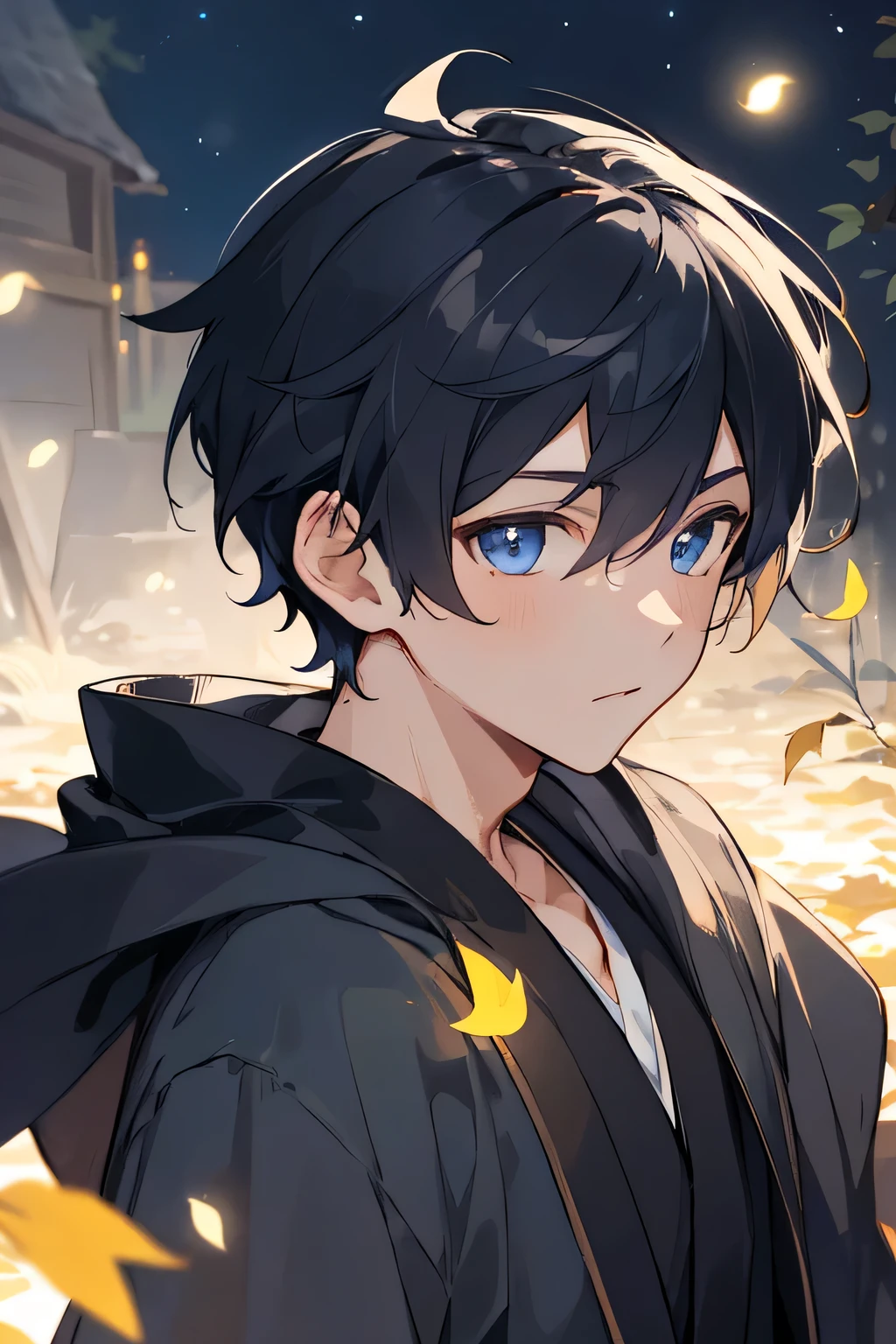 boyss,male,boys,handsome face,Strong hairstyle,blue eyes,black hair,short robe,under the night sky,fireflies flying,Leaves fluttering,high resolution