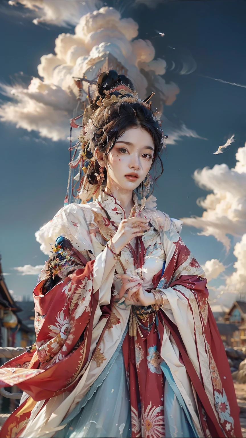 (((White cloud background))), (((high saturation))), ((Surrounded by splashes of color)))) Super detailed, Beautiful and beautiful, masterpiece, best quality, (tangled, mandala, tangled, twist), (Fractal art: 1.3), 1 girl, Very detailed, dynamic angle, cowboy shooting, Chaos in its most beautiful form, elegant, brutalist design, bright colors, romanticism, Michael Mraz, Adrian Gurney, Petra Courtright, Atmospheric, ecstatic notes, Mobile notes are visible