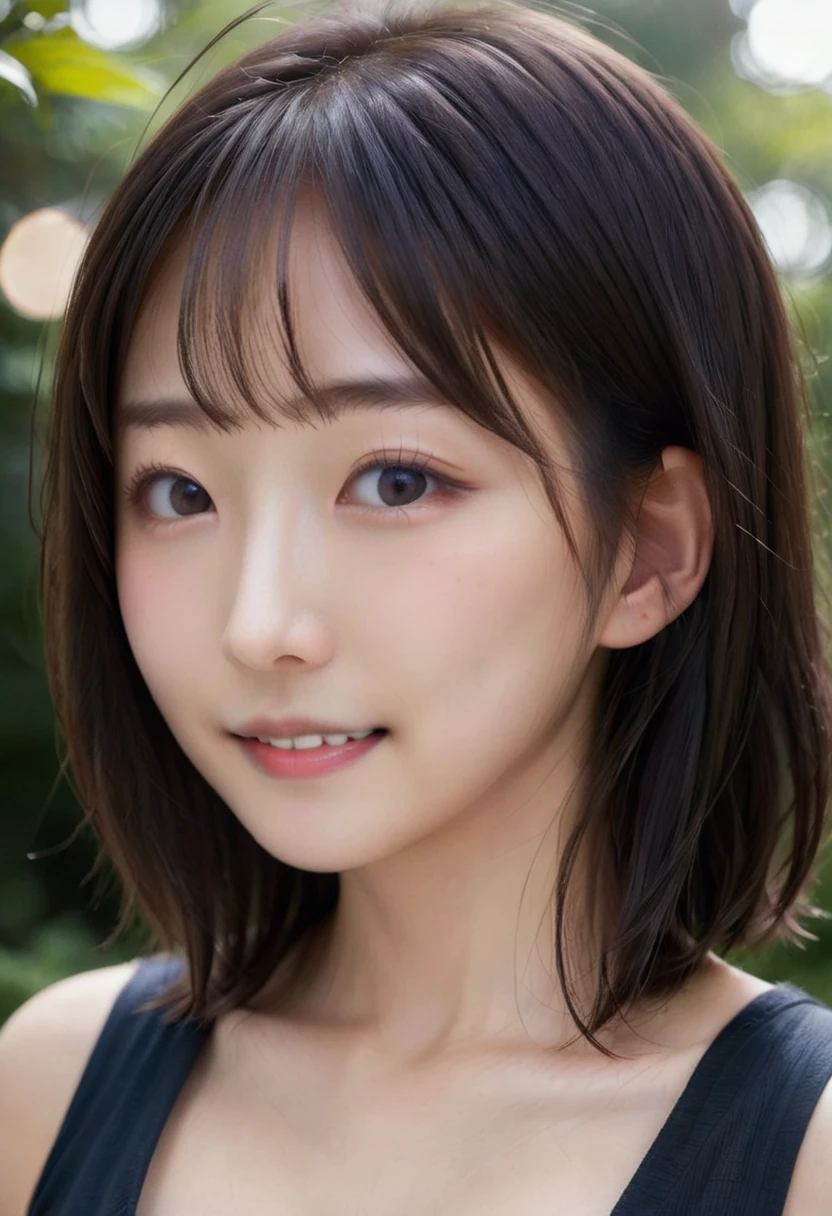 Portrait、8k、high quality、realistic photographic image、28 years old、japanese woman、Reproduces natural and realistic eyes、japanese stand、beautiful black hair、bob cut hair、light makeup、Octane firm、beautiful lighting、composition of golden ratio、laughter、everyday wear、casual clothes、natural background、blurred background、high level emotion、Pure Japanese humanity、beautiful wife、Upper body、light makeup、No makeup、transparent beauty、plain clothes、green、Plain color、casual clothes、slight smile、small black eyes、background bokeh