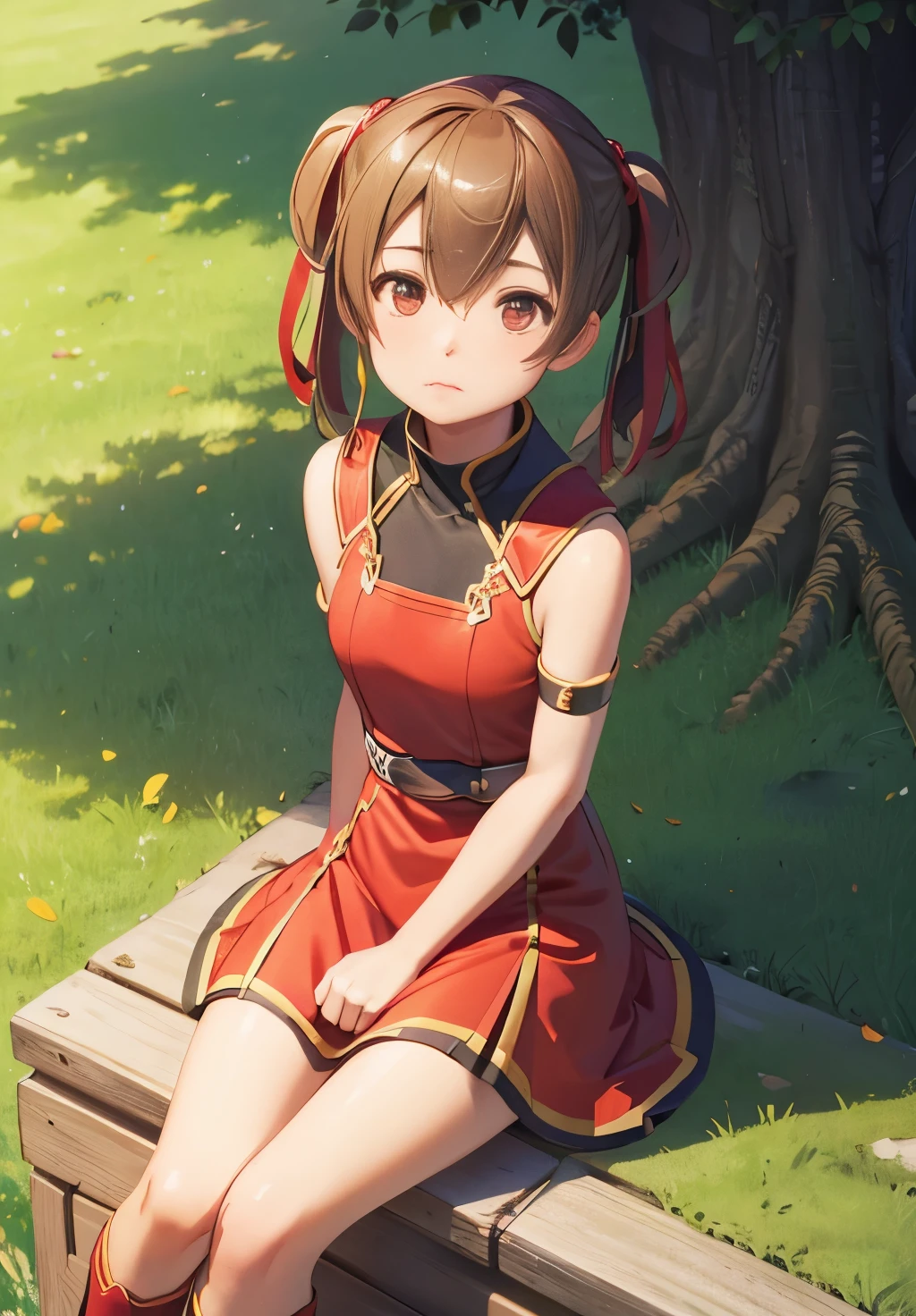 (photograph:1.3), high detail, silica_face, alone, 笑face, sitting, headrest, Grass, red dress, (High praise, attractive, fascinating, exciting, nice, impressive:1.3), beautiful, (very detailed, high quality:1.3)