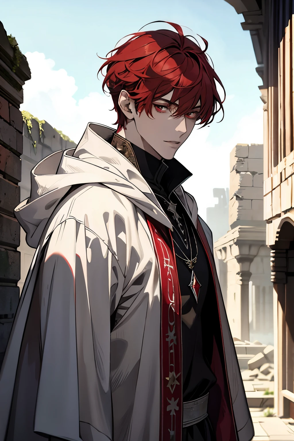 male, Red short hair with bangs, red eyes, adult face, adult, white hood and shroud, handsome, medieval fantasy, ruins, sorcerer, looking at viewer
