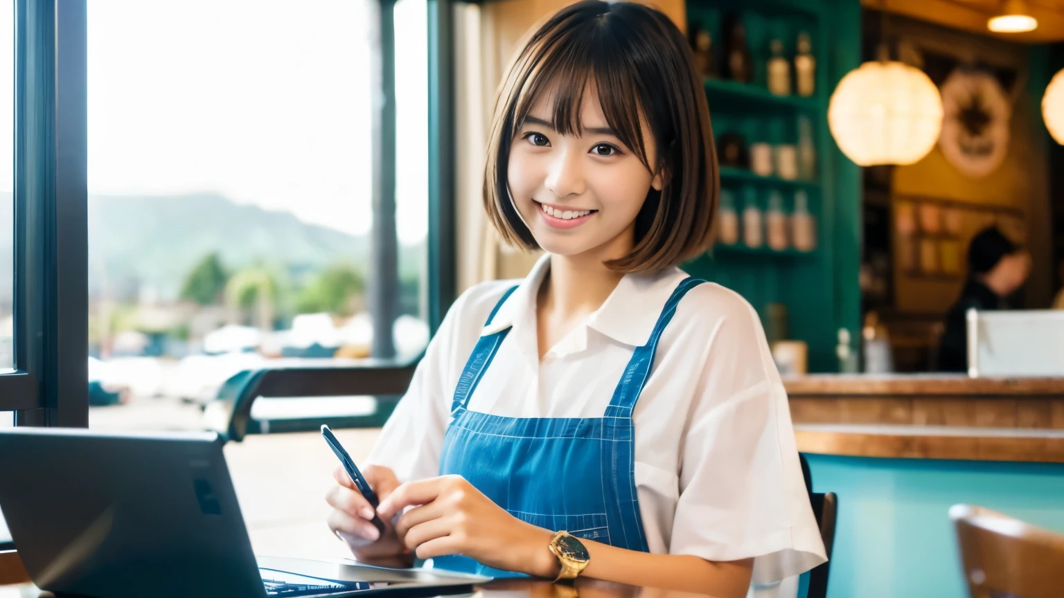 ((最high quality, 8k, masterpiece: 1.3)), perfect face,Inside a stylish cafe with a view of the Hawaiian ocean、A scene in which a beautiful model-like woman with big breasts is drinking a latte and studying on a laptop.,everything around you, I see other customers enjoying themselves.。At the back of the cafe、Staff are working at the counter.、You can feel the vibrancy and warmth typical of a Hawaiian cafe.., sharp focus, 1 girl, sexy 1.2, brown hair, With bangs, (layered short hair), (big: 1.5), fine eyes, Beautiful eyes with slit length, double eyelid, (cat face), (cute Face), cute Smile, (close your mouth), (cute), soft skin, show the whole body, surreal, Super detailed, high quality, (Beautiful female college student with short hair studying in a cafe), ((詳細な非常にcute女子大生), ((big胸 It can be seen even through clothes)),A female college student wearing a wonderful outfit that matches the everlasting summer of Hawaii.