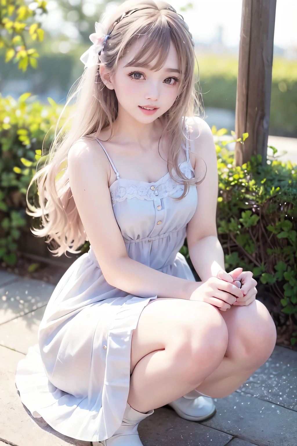 ((top quality, 8k, Masterpiece, photorealistic , 35mm lens, f/0.8, amazing cute perfect figure :1.4)), natural-light, ((flat chest :0.6)), (white Gothic dress :1.2),baby face:1.2,circlet on head, hair ribbon, (outside the castle background:1.2), Highly detailed face and skin texture:1.2, (Detailed dark green eyes:1.2), super detailed skin, double eyelid, shiny skin:1.2, Smirking, high-fidelity bangs, very brilliant light brown twin tail hair, sit, head tilt, looking at viewer,