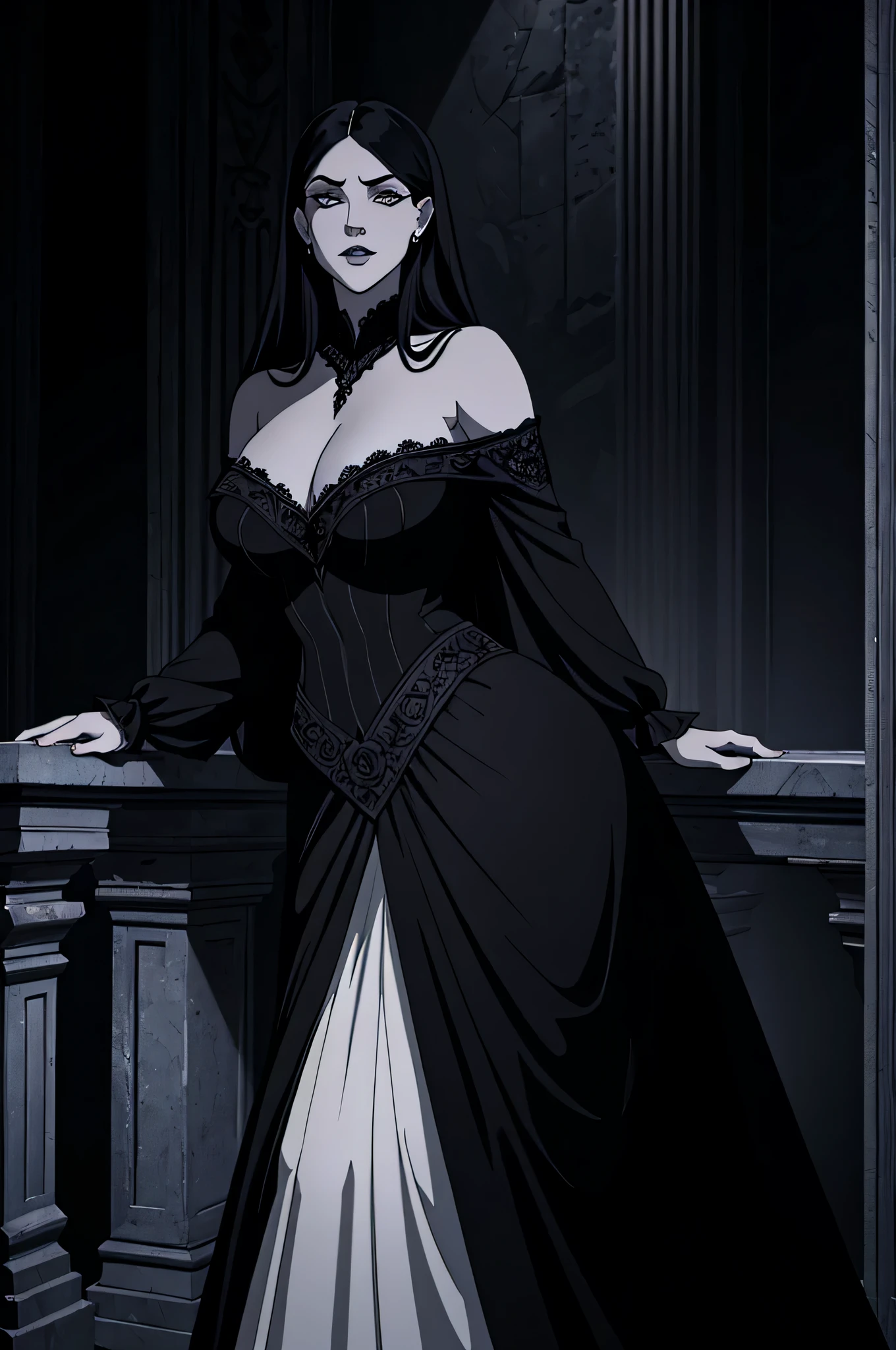 (best quality,highres,masterpiece:1.2),ultra-detailed,realistic,photorealistic:1.37,gothic style,imposing atmosphere,mysterious lighting,rich shadows,black and white tones,dark foggy background,vivid details,ethereal beauty,female figure,curvy body,voluptuous woman,long flowing hair,piercing eyes,intense gaze,glistening lips,gothic makeup,elegant dress,lace details,flowing fabric,roses,dark garden,majestic gate,tall stone pillars,moonlit night,haunting presence,seductive aura,ominous vibe,deep emotions.