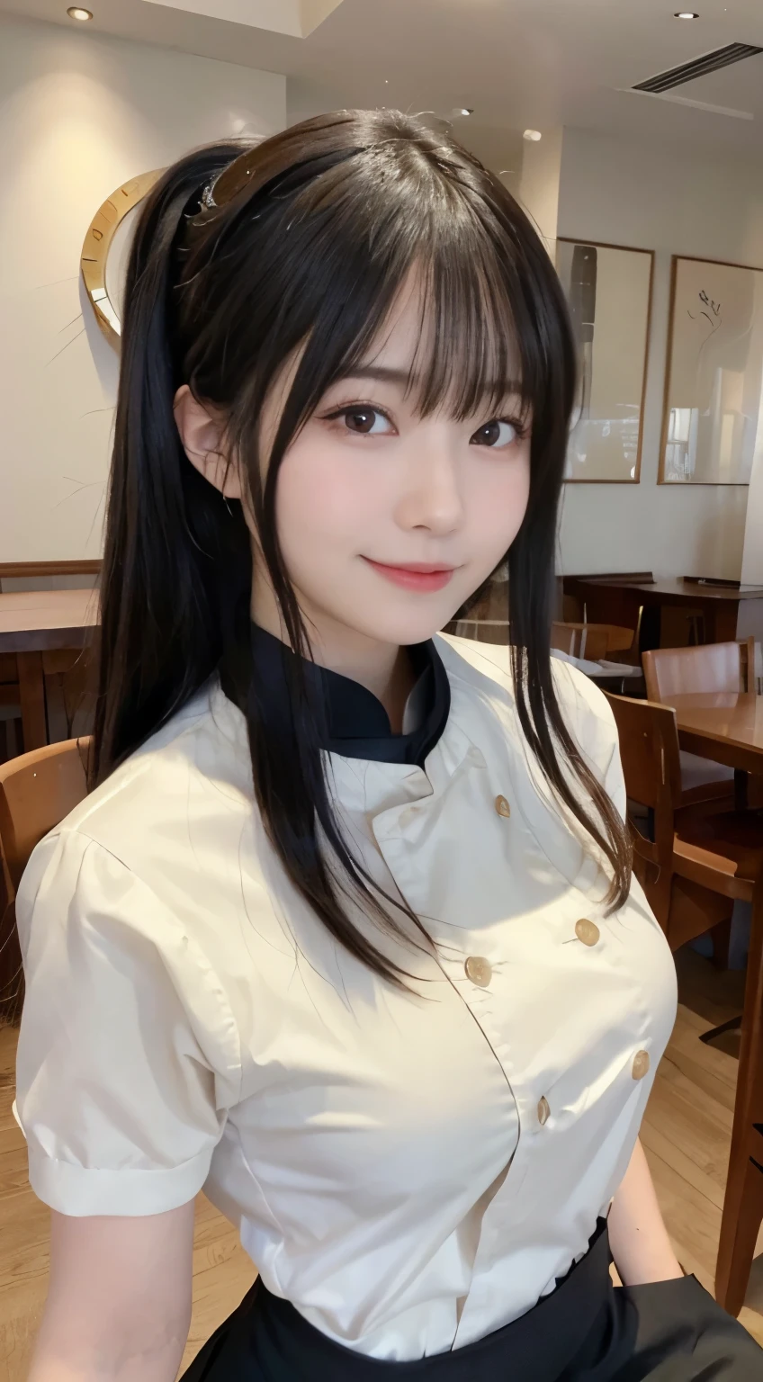 (highest quality,masterpiece:1.3,ultra high resolution,),(Super detailed,caustics),(Photoreal:1.4,RAW shooting,)ultra-realistic capture,very detailed,High resolution 16K human skin close-up。 natural skin texture、,The pores are、、、、Must be detailed enough to be easily identified。 Skin should look even-toned and healthy。 Use natural light and color,restaurant,waitress uniform,1 girl,Japanese,18-year-old,cute,black haired,ponytail,big breasts,smile,turn your body forward,(Front view:1.1),look at the camera,cowboy shot,