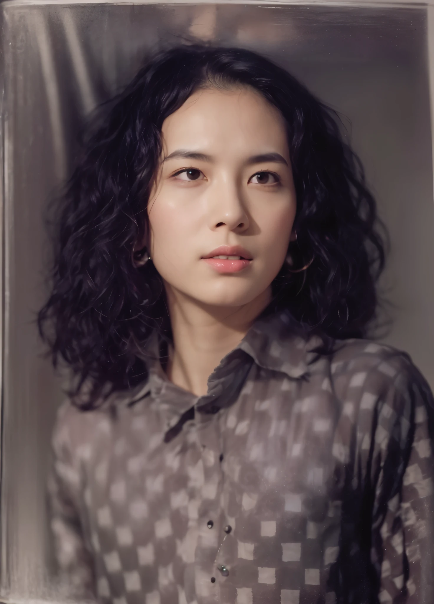 (best quality,4k,8k,highres,masterpiece:1.2), ultra-detailed, (realistic,photorealistic,photo-realistic:1.37), portraits, HDR, studio lighting, Asian man, frizzy hair, detailed facial features, captivating expression, stylish shirt, small checkered pattern, vibrant colors, sharp focus, physically-based rendering, realistic skin texture, natural lighting, intense gaze, confident posture.
