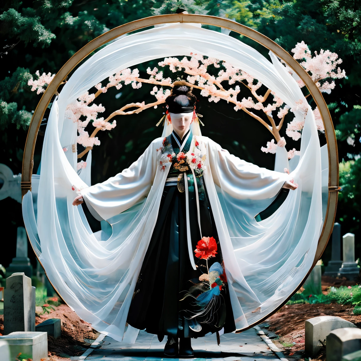 Black Kimono, The background is a cemetery., spirit, dead buffalo, Necromancer, bright white hair, Put on a blindfold, woman, Fantasy, ornamentation