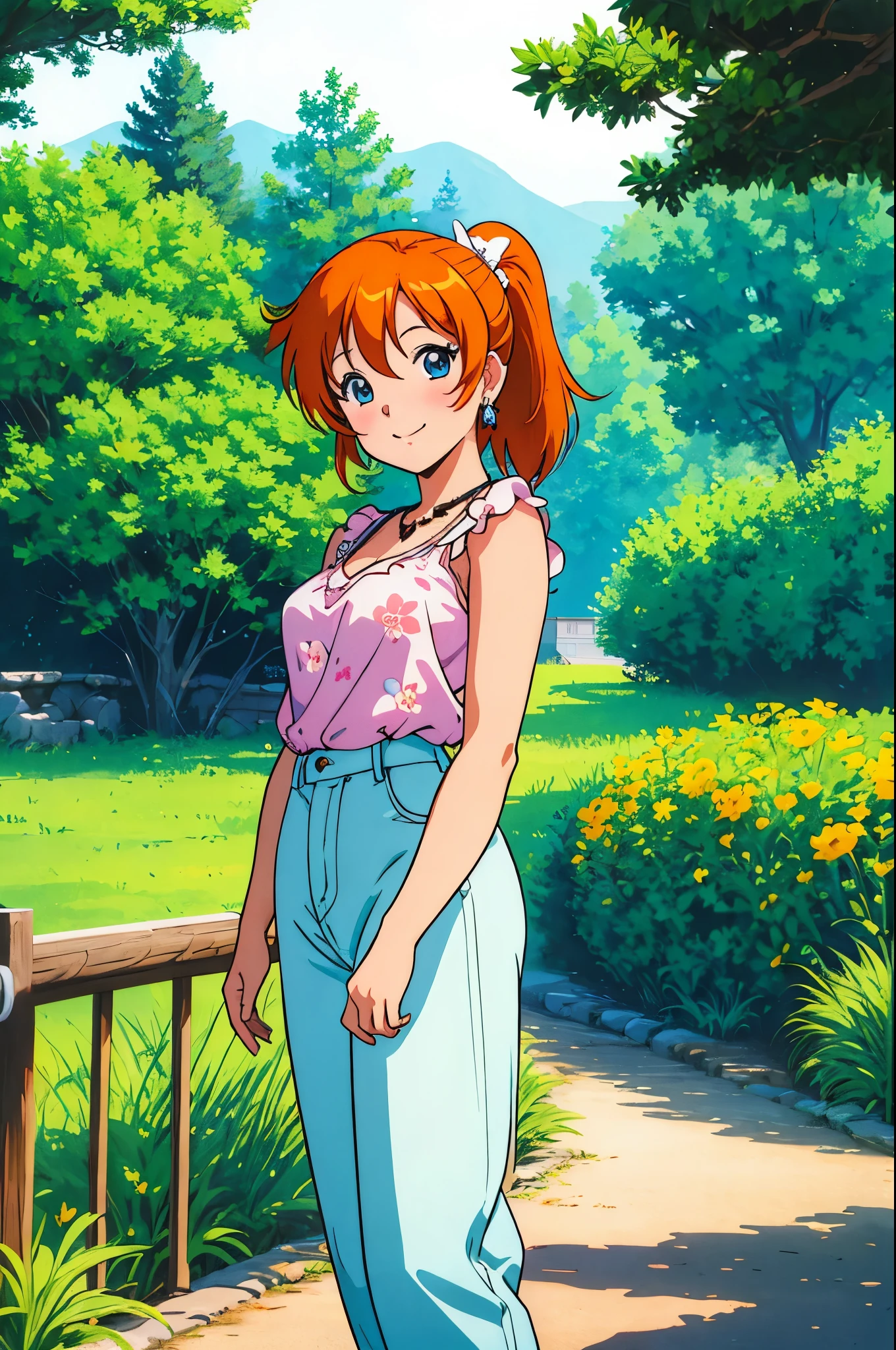 (Masterpiece, Best Quality, High Quality), (chibi),kousaka honoka, orange hair,low ponytail, blue eyes, volumetric lighting, illustration, beautiful, tight , Blushing, breasts, looking at viewer, blue top with shining stars, white harem pants,solo, floral print,looking to the side, confident, seductive smile, (head tilt:1.1), heart pendant,perfect lighting, perfect shadows, flower, (breathtaking scenery:1.1), tree, blushing,1980s \(style\)