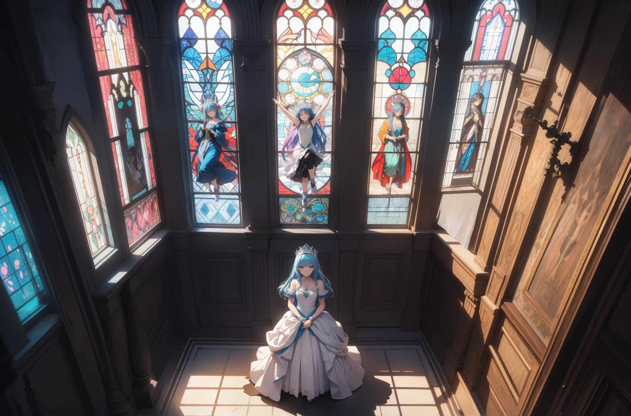 overhead view，from directly above，masterpiece, highest quality, spring, indoor, sunshine, powder blue hair, Princess, 輝くPrincessドレス，tiara，performer, fantasy stained glass colors, stained glass light, 最High resolution，High resolution，highest quality, beautiful graphics, ultra detail