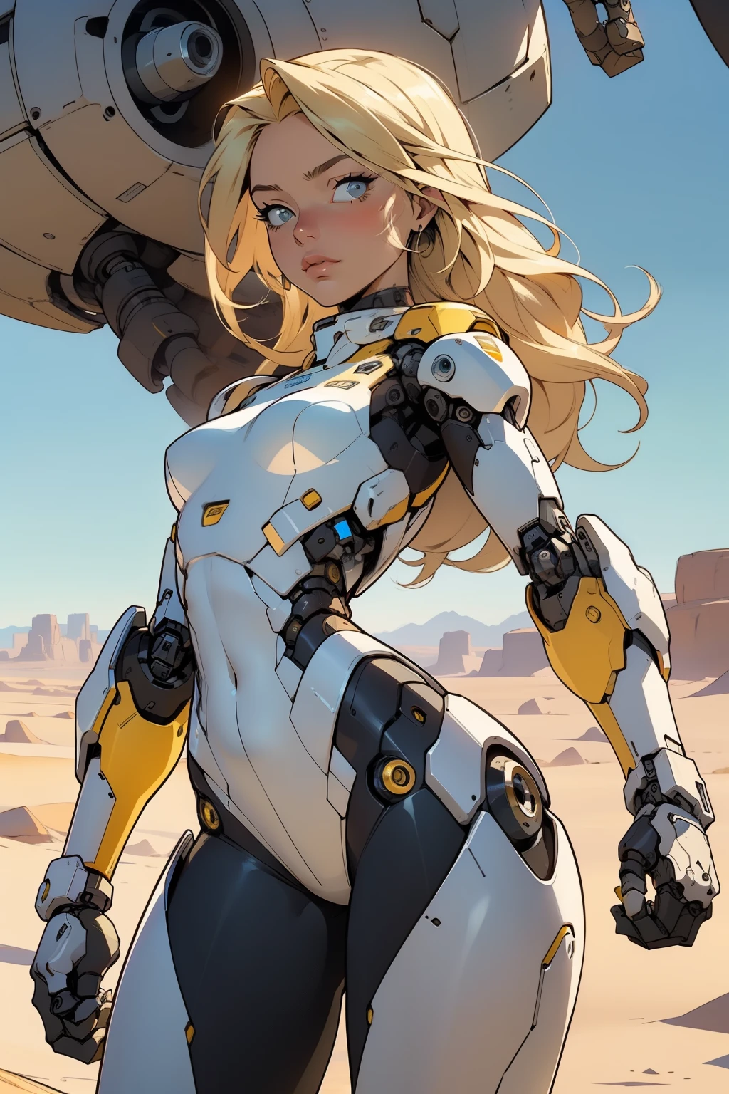high quality, 4k, masterpiece, beautiful, cyborg girl, cowboy shot, dull eyes, looking at viewer, long blonde hair, girl, small breasts, fit thigh, robotic arms, robotic body, cyborg body, yellow accent, intricate detail, joint, detailed lines, robotic detail, holding fist up, holding hand up as fist, color robotic parts, robotic parts with color, perfect fingers, on a desert planet, sunny background, colorful desert,