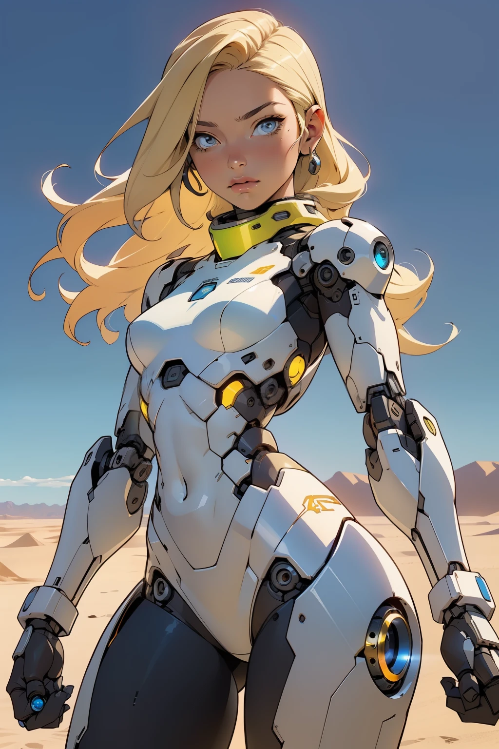high quality, 4k, masterpiece, beautiful, cyborg girl, cowboy shot, dull eyes, looking at viewer, long blonde hair, girl, small breasts, fit thigh, robotic arms, robotic body, cyborg body, yellow accent, intricate detail, joint, detailed lines, robotic detail, holding fist up, holding hand up as fist, color robotic parts, robotic parts with color, perfect fingers, on a desert planet, sunny background, colorful desert,