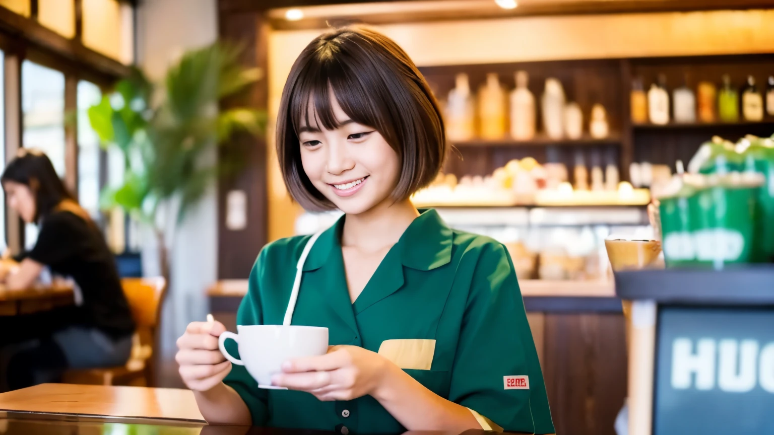 ((最high quality, 8k, masterpiece: 1.3)), perfect face,Inside a stylish cafe with a view of the Hawaiian ocean、A scene in which a beautiful model-like woman with big breasts is drinking a latte and studying on a laptop.,everything around you, I see other customers enjoying themselves.。At the back of the cafe、Staff are working at the counter.、You can feel the vibrancy and warmth typical of a Hawaiian cafe.., sharp focus, 1 girl, sexy 1.2, brown hair, With bangs, (layered short hair), (big: 1.5), fine eyes, Beautiful eyes with slit length, double eyelid, (cat face), (cute Face), cute Smile, (close your mouth), (cute), soft skin, show the whole body, surreal, Super detailed, high quality, (Beautiful female college student with short hair studying in a cafe), ((詳細な非常にcute女子大生), ((big胸 It can be seen even through clothes)),A female college student wearing a wonderful outfit that matches the everlasting summer of Hawaii.