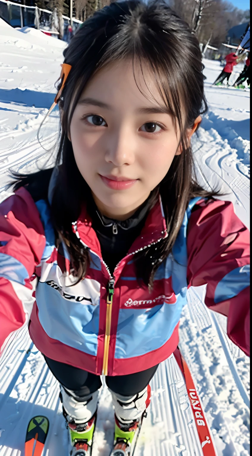 (Close up portrait of one girl with slender small breast and long hair dressed in colorful ski clothes。:1.5)、(A girl skiing with her face raised :1.5)、(snow ski garden:1.5)、(Beautiful sunset red sky 1.5)、(perfect anatomy:1.3)、(no mask:1.3)、(full finger:1.3)、Photoreal、Raw photo、table top、highest quality、High resolution、delicate and beautiful、perfect face、detailed and beautiful eyes、Fair skin、real human skin、pores、((thin legs))、(black hair)