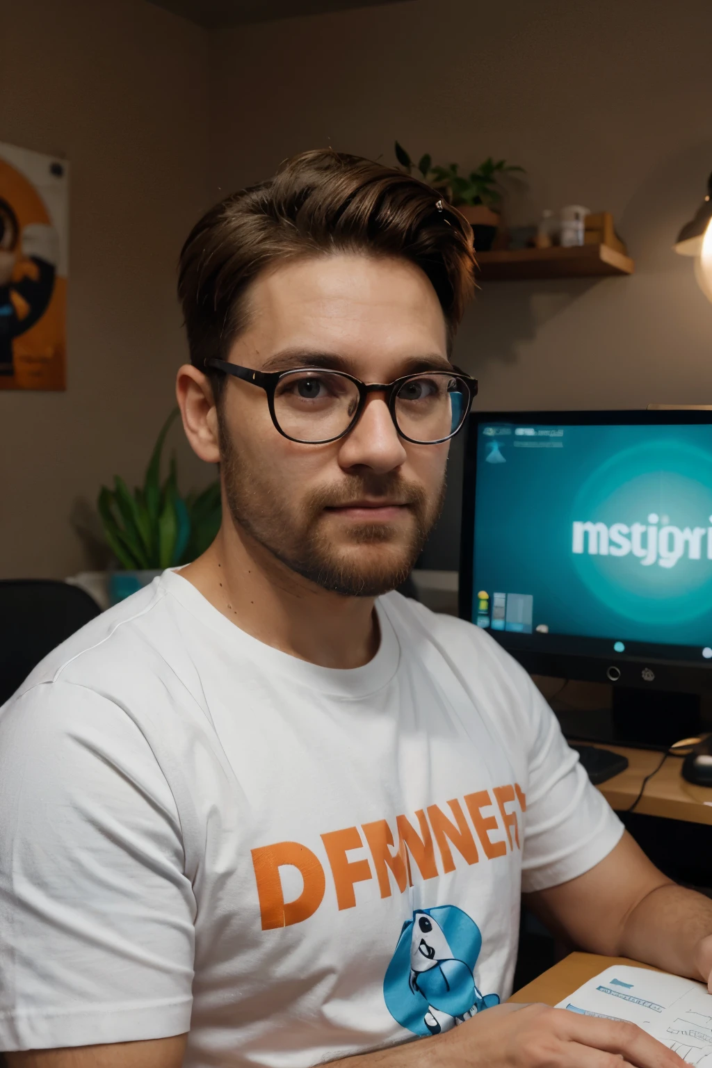 inspirado na Disney Pixar, UM HOMEM PARDO, 29 anos, com cabelos castanhos curtos penteados para o lado e barba curta, Do not wear glasses, and with eyes aligned forward in dark brown He is a graphic designer. There is a notebook and a pen, as well as a gaming computer with the orange player shirt On the front of this image I would like a 3D title with the text "sua marca, Your story" em azul claro, branco e cinza