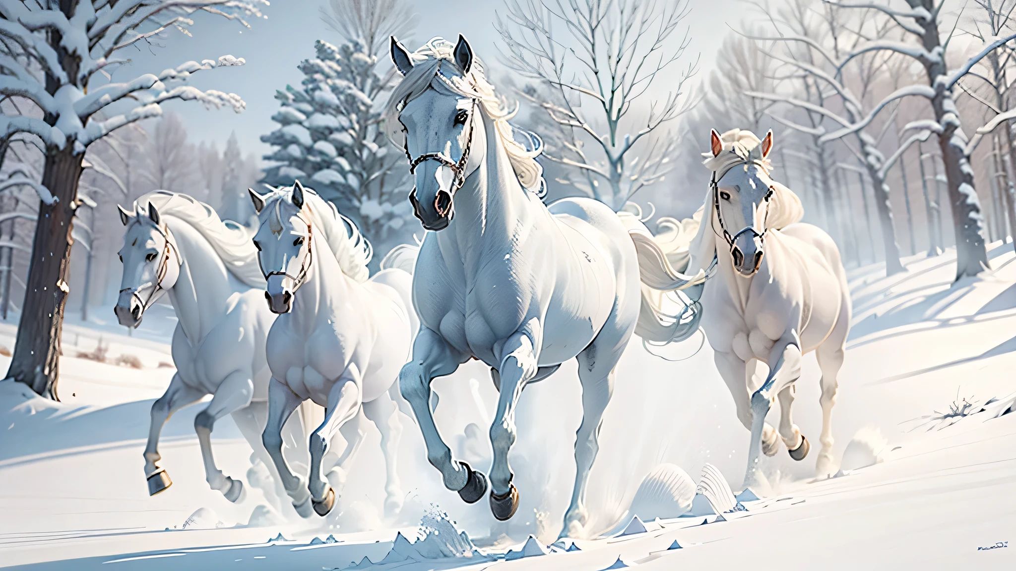 three white horses running in the snow in a wooded area, majestic horses, an all white horse, white horse, horses, horses in run, galloping through the forest, a painting of white silver, galloping, beautiful horse, gleaming white, high quality wallpaper, high quality desktop wallpaper, white snow, wallpaper background, white hairs, wallpaper 4k