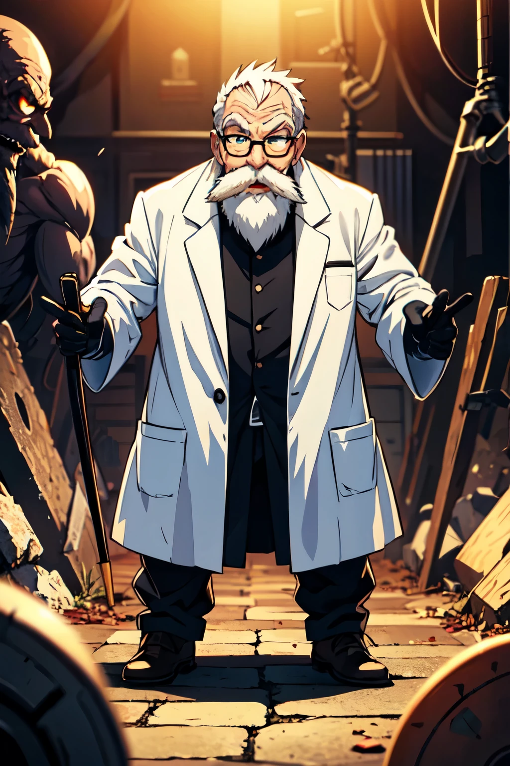 1boy, old man, solo, black hair, evil laugh, old man's hair, white lab coat, (sci-fi room), evil eyes, psychopath, psychopath smile, evil, crazy eyes, white hair, teashade, (circular glasses), glasses, bloodshot eyes, thick beard, dwarf beard, mustache, metal cane, (full body view), black gloves