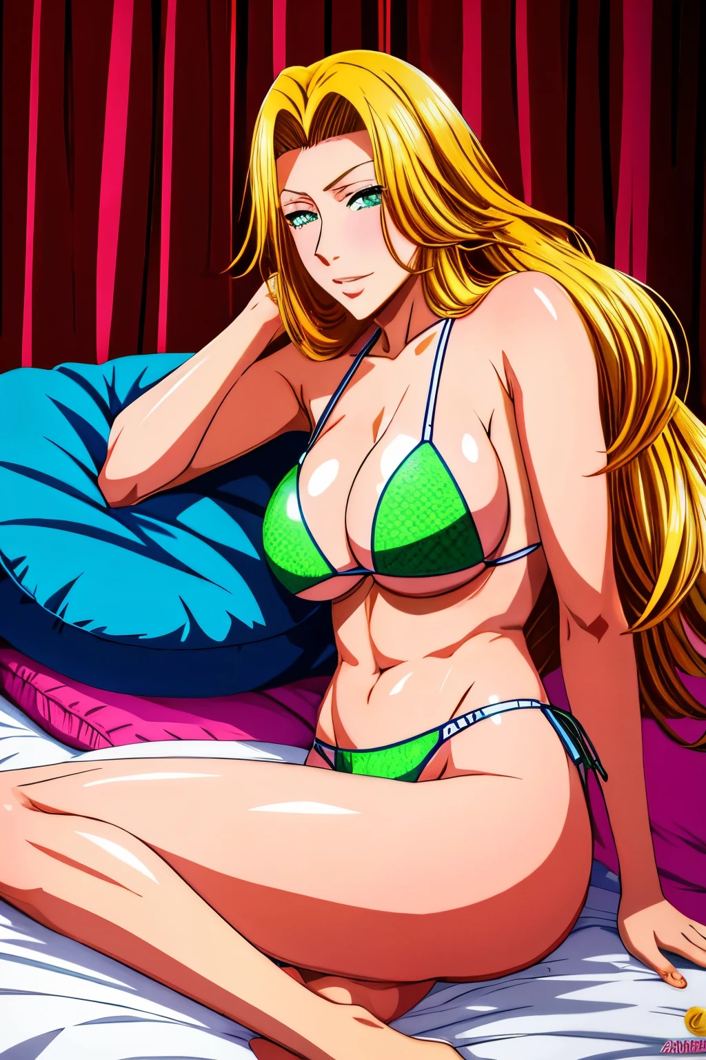 Rangiku Matsumoto in a sofa in a green bikini, amoranto, better known as amoranto, young beautiful amoranto, en la cama, in a sofa, chica sexy con ojos verdes, laying back en la cama, acostado, acostado en una cama, en mi cama, amoranto as a super villain, reclinado en la cama