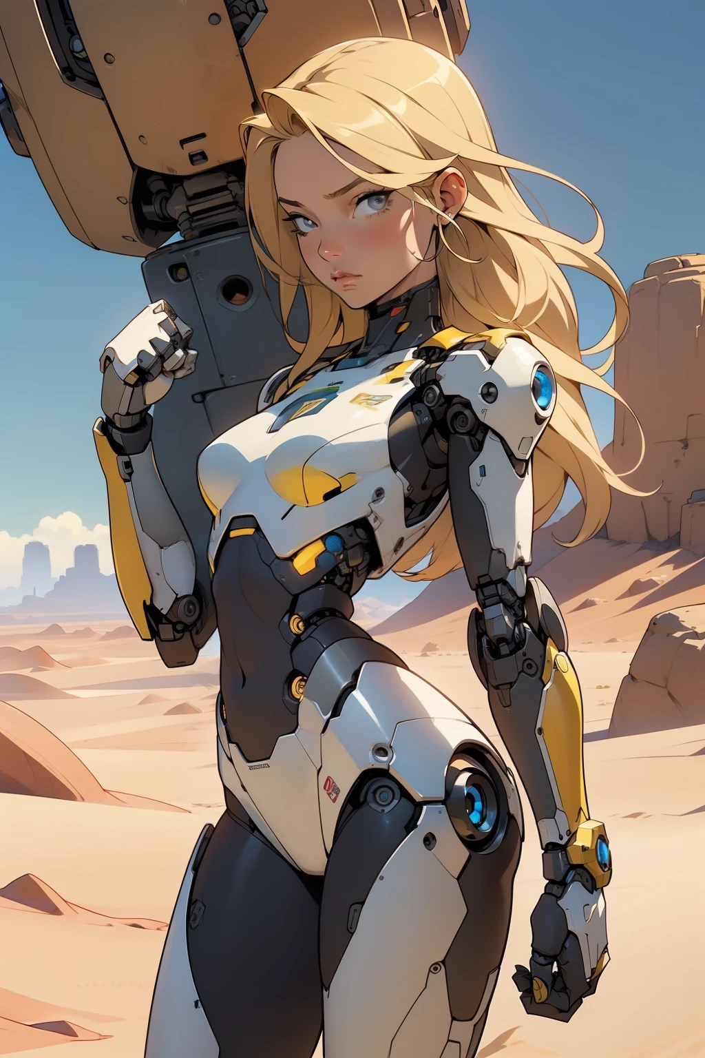 high quality, 4k, masterpiece, beautiful, cyborg girl, cowboy shot, dull eyes, looking at viewer, long blonde hair, girl, small breasts, fit thigh, robotic arms, robotic body, cyborg body, yellow accent, intricate detail, joint, detailed lines, robotic detail, holding fist up, holding hand up as fist, color robotic parts, robotic parts with color, perfect fingers, on a desert planet, sunny background, colorful desert,