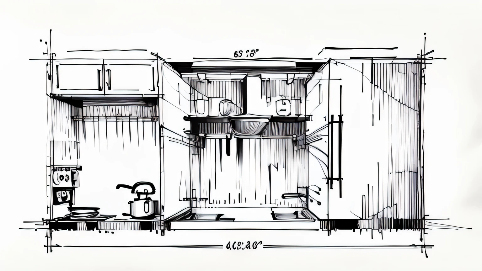 kitchen hood，Hand drawn design drawing，Line drawing，White bottom，black lines，No coloring