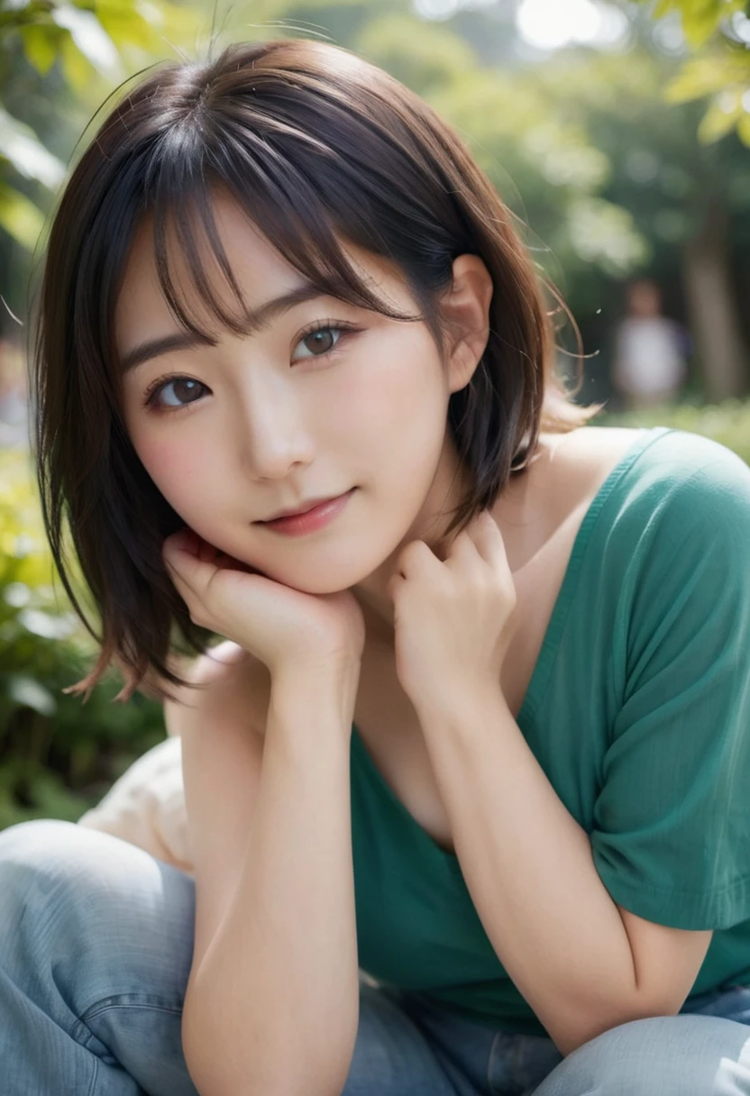 Portrait、8k、high quality、realistic photographic image、28 years old、japanese woman、Reproduces natural and realistic eyes、japanese stand、beautiful black hair、bob cut hair、light makeup、Octane firm、beautiful lighting、composition of golden ratio、laughter、everyday wear、casual clothes、natural background、blurred background、high level emotion、Pure Japanese humanity、beautiful wife、Upper body、light makeup、No makeup、transparent beauty、plain clothes、green、Plain color、casual clothes、slight smile、small black eyes、background bokeh