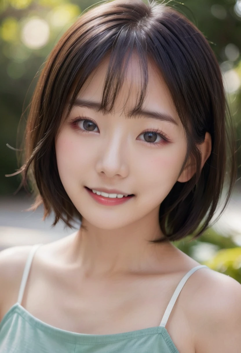 Portrait、8k、high quality、realistic photographic image、28 years old、japanese woman、Reproduces natural and realistic eyes、japanese stand、beautiful black hair、bob cut hair、light makeup、Octane firm、beautiful lighting、composition of golden ratio、laughter、everyday wear、casual clothes、natural background、blurred background、high level emotion、Pure Japanese humanity、beautiful wife、Upper body、light makeup、No makeup、transparent beauty、plain clothes、green、Plain color、casual clothes、slight smile、small black eyes、background bokeh