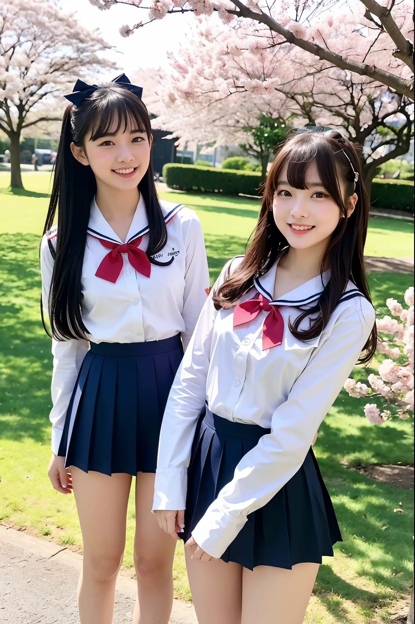 girls standing in cherry blossom park,white long-sleeved sailor school swimsuit with red bow tie,navy blue pleated skirt,18-year-old,bangs,a little smile,thighs,knees,straight hair with barrette with ribbon bow,from below,front-light