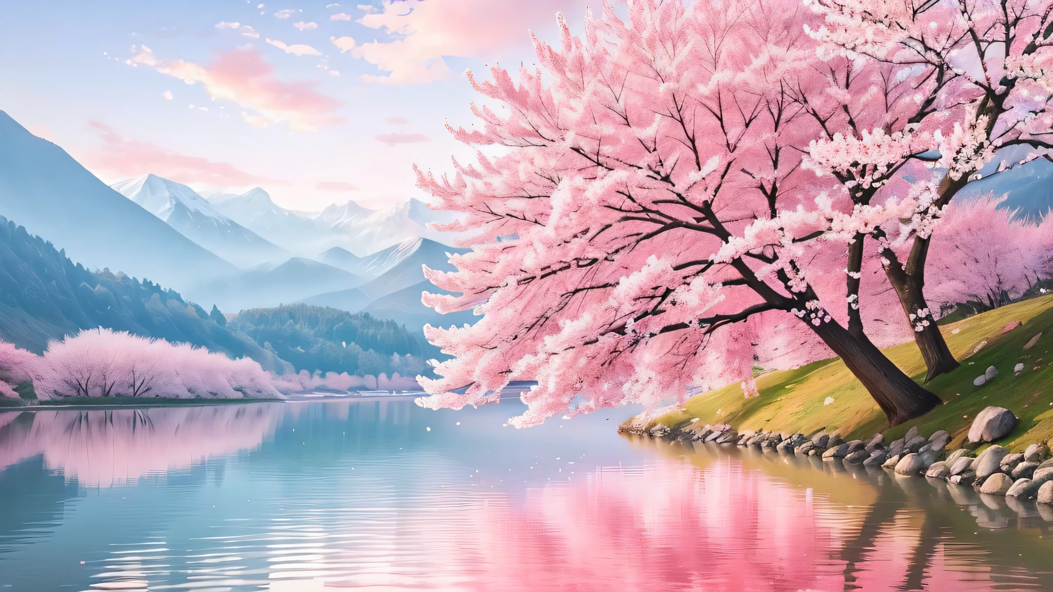 there is a pink tree that is in the water by the mountains, pink tree beside a large lake, cherry-blossom-tree, cherry blossom tree, cherry blossom trees, hd wallpaper, really beautiful nature, beautiful wallpaper, very beautiful photo, beatiful backgrounds, cherry blossom, pink landscape, very beautiful scenery, nature wallpaper, beautiful nature, cherry blossom forest, sakura trees