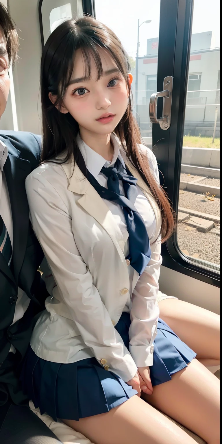 8k, RAW portrait (japanese woman), masterpiece, Photoreal:1.3, realistic, ultra high resolution, highest quality, real life photos, (in the evening :1.1), 1girl, (beautiful detailed face:1.1), (school uniform), (sailor uniform), (skirt), (blush:1.3), (large breasts), (smile:1.2), (dark purple silk_panties:1.4), (cameltoe), (sitting on train chair), (spread legs), (train), (skirtlift), (tokyo), (white socks), (loafers)