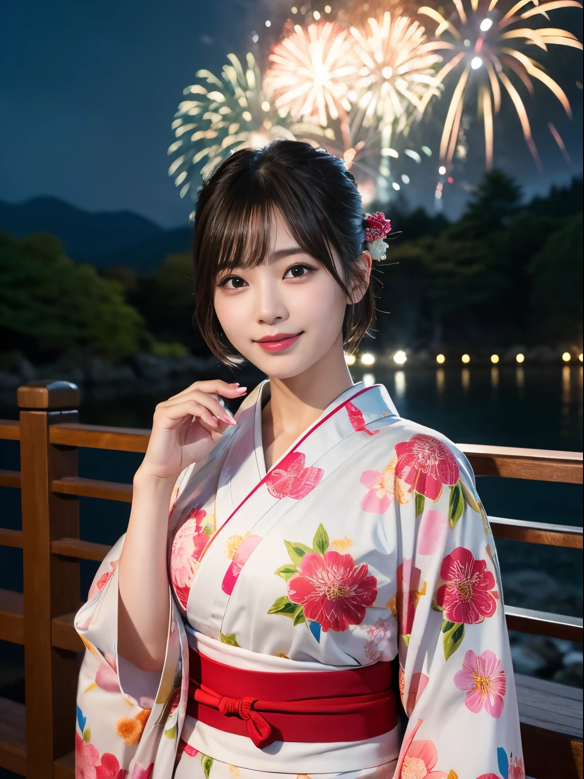 (8k、RAW photography、highest quality、masterpiece:1.2)、(realistic、Photoreal:1.37)、Ultra - High resolution、1 girl、cute、solo、night、sitting、date、(redness of the nose)、(laughter:1.1)、(closed)、big breasts、beautiful eyes、(short hair:1.2)、(((fireworks go up in the sky、night)))、(((kimono、yukata)))、cleavage、perfect body、perfect fingers、professional lighting、japanese goddess、gravure、Detailed face and skin texture、detailed eye、RAW photo
