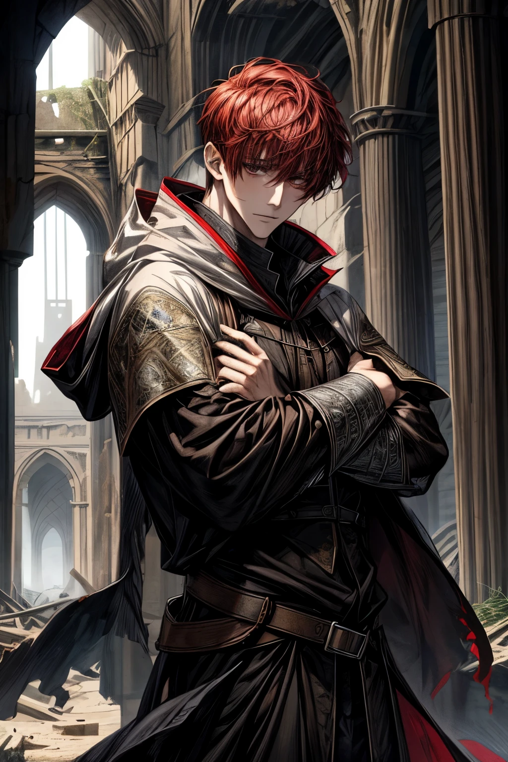 male, red short hair with bangs, black eyes, adult face, adult, white hood and shroud, handsome, medieval fantasy, ruins, sorcerer