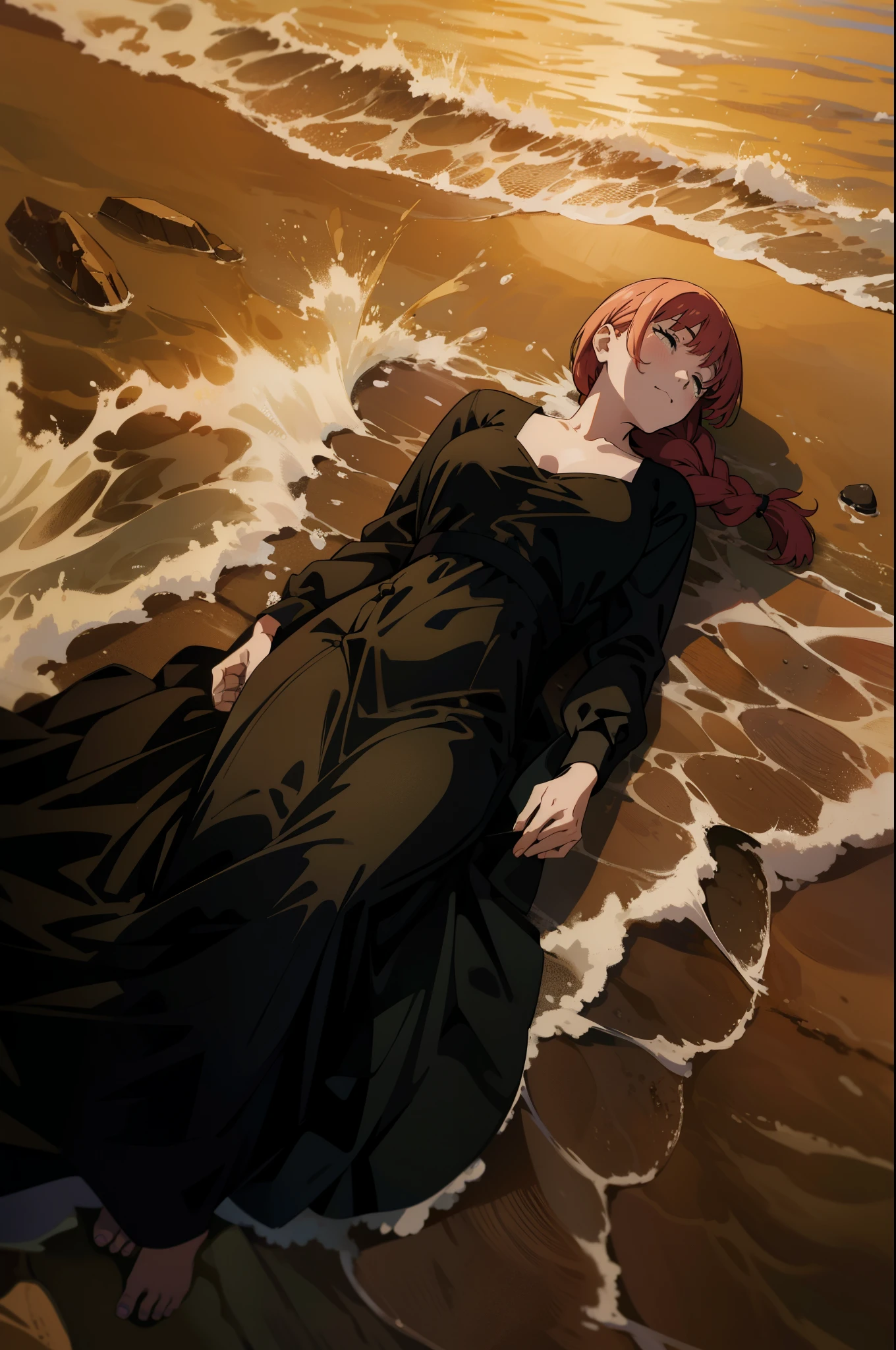 there is a woman laying on the beach with her head in the water, anime girl wearing a black dress, evangelionic illustration, beaching, official anime still, advanced digital anime art ”, official art, made with anime painter studio, today's featured anime still, ancient magus, bottom angle, painted in anime painter studio, official studio anime still, makima,beach, sea waves, a girl lying on the sand in a black dress ,braid,perfect hands 