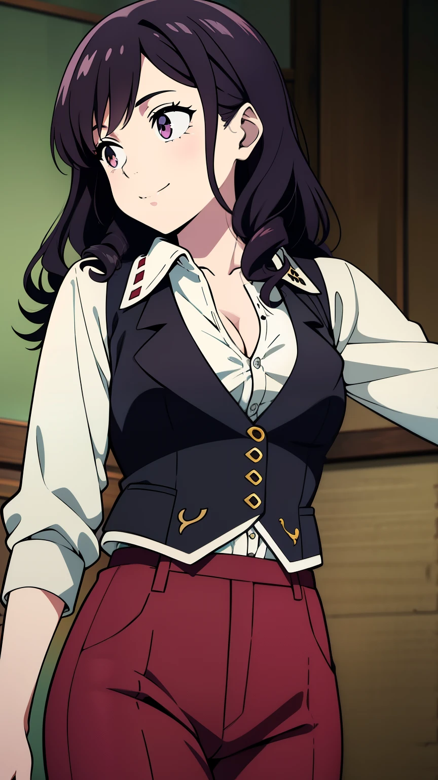 (high-quality, breathtaking),(expressive eyes, perfect face) 1girl, female, solo, half body, 1800's clothing,18th century fashion, black color hair, medium hair length, curly wavy hair, pink eye color, Chainsaw man anime art style, teenager age, ************, portrait, cute smile, pants , sleeveless unbuttoned vest jacket, long sleeved cotton shirt, zoomed out, D cup breast size
