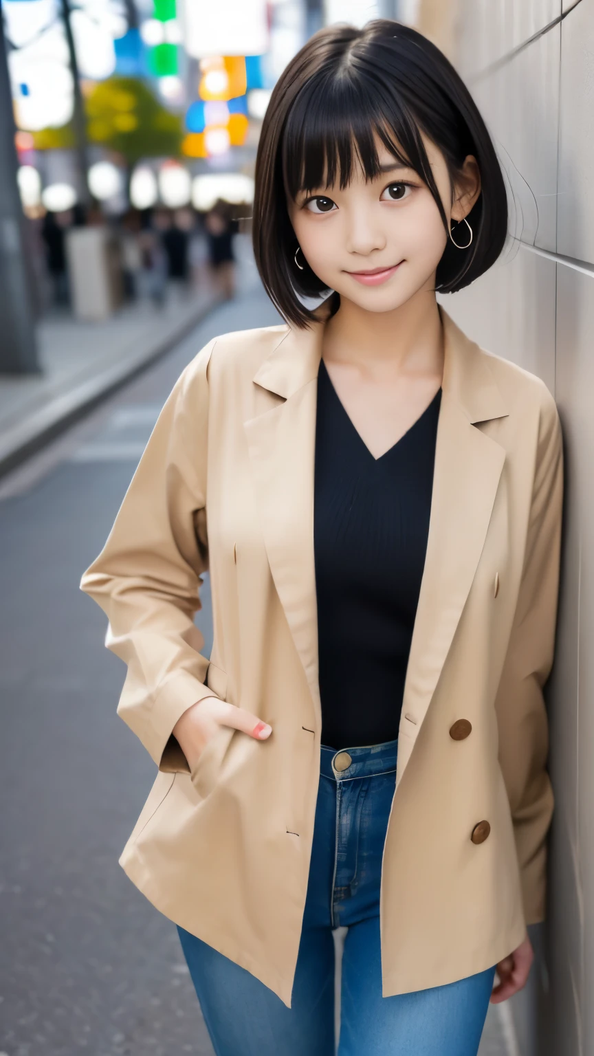 Masterpiece, Best-quality, RAW-photo, Ultra-High-Resolution, Photorealistic, 
(Anatomically correct, 16-years-old, Japanese girl, baby face, cute face, Perfect human body, slim waist and busty body, Slender legs, Large breast, Realistic skin, angle from below), 
((Matching cloth, Beige jacket, slacks, inner shirt, pumpaiko, Round face, Black hair, Moist eyes, Shining eyes, Short bob cut, Bangs, Down-slating eyebrows, one little earring, Light blush), 
(Look at the viewer, show the whole body, turn the body forward, lean against the wall), 
(goddess smile), 
(Tokyo, A casual street where many teenagers walk, many young people walking), 