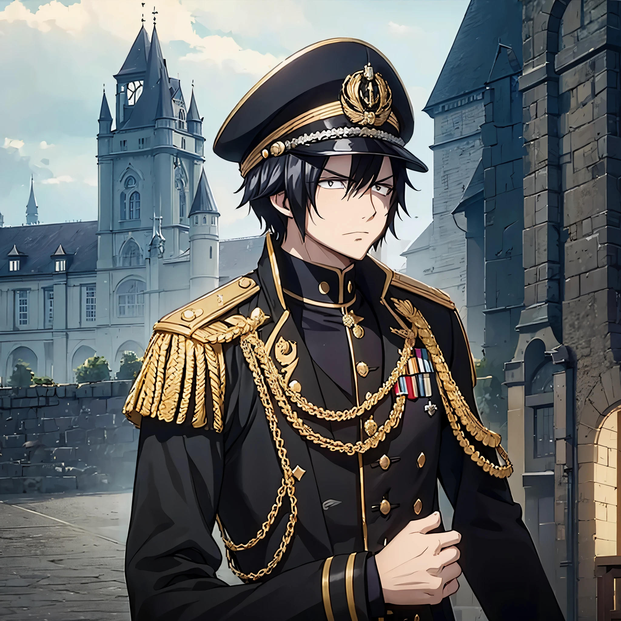 A man wearing black Old Prussian military uniform with gold trim, wearing Prussian Pickelhaube helm, black hair , outside a German castle