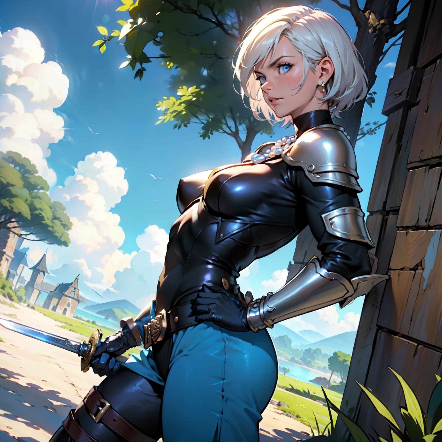 (masterpiece, best quality:1.1), thief (dq3), 1girl, solo, short hair, white hair, blue eyes, medium breasts, pink gloves, jewelry, pearl necklace, earrings, belt, sword, yellow breastplate, black bodysuit, bag, (coin, sword on hip:1.2), (dutch angle, dynamic pose, from side:1.3), (blue skies, nature:1.2)