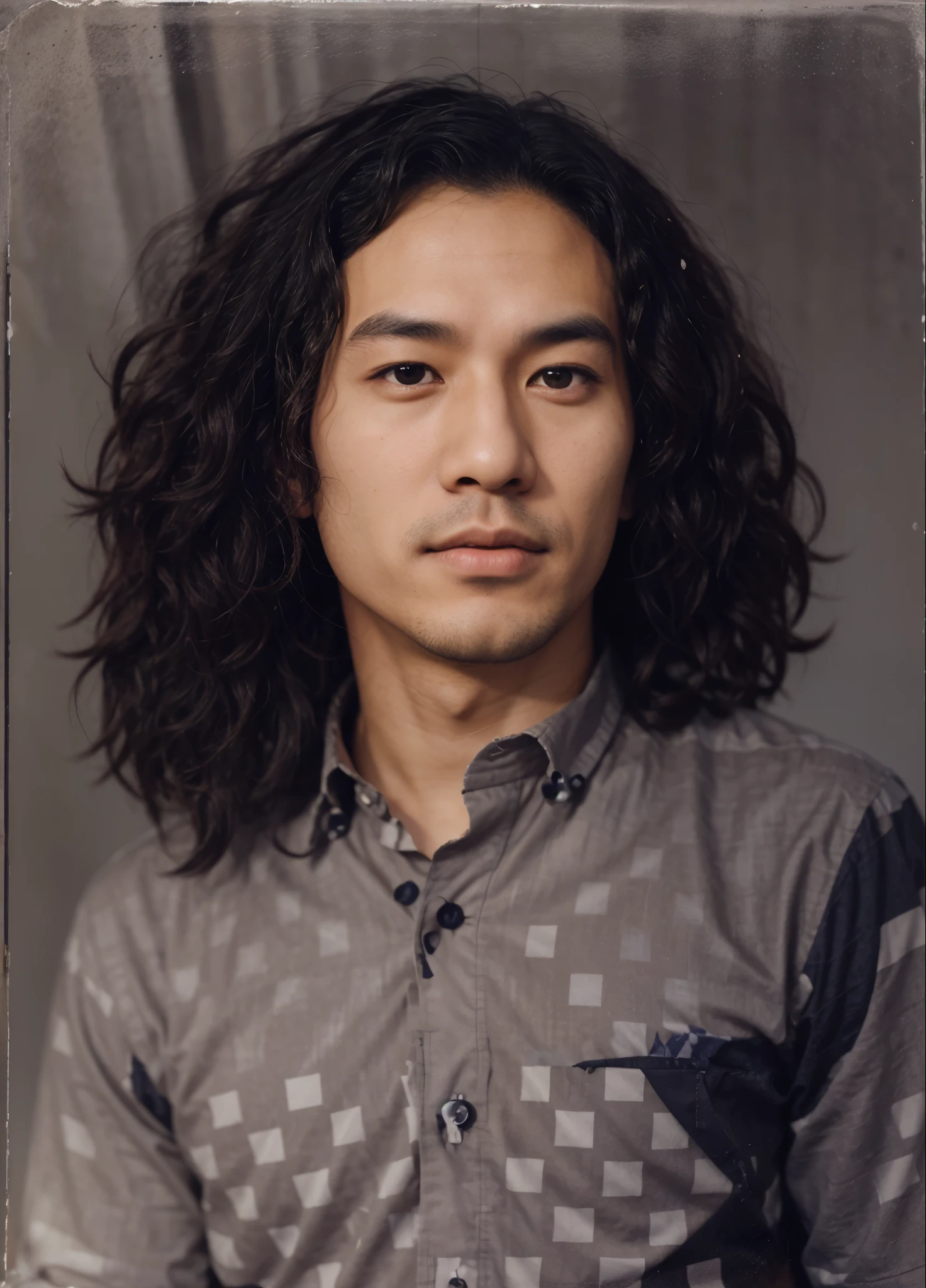 portrait of an Asian man with curly hair wearing a shirt with a small checkered pattern