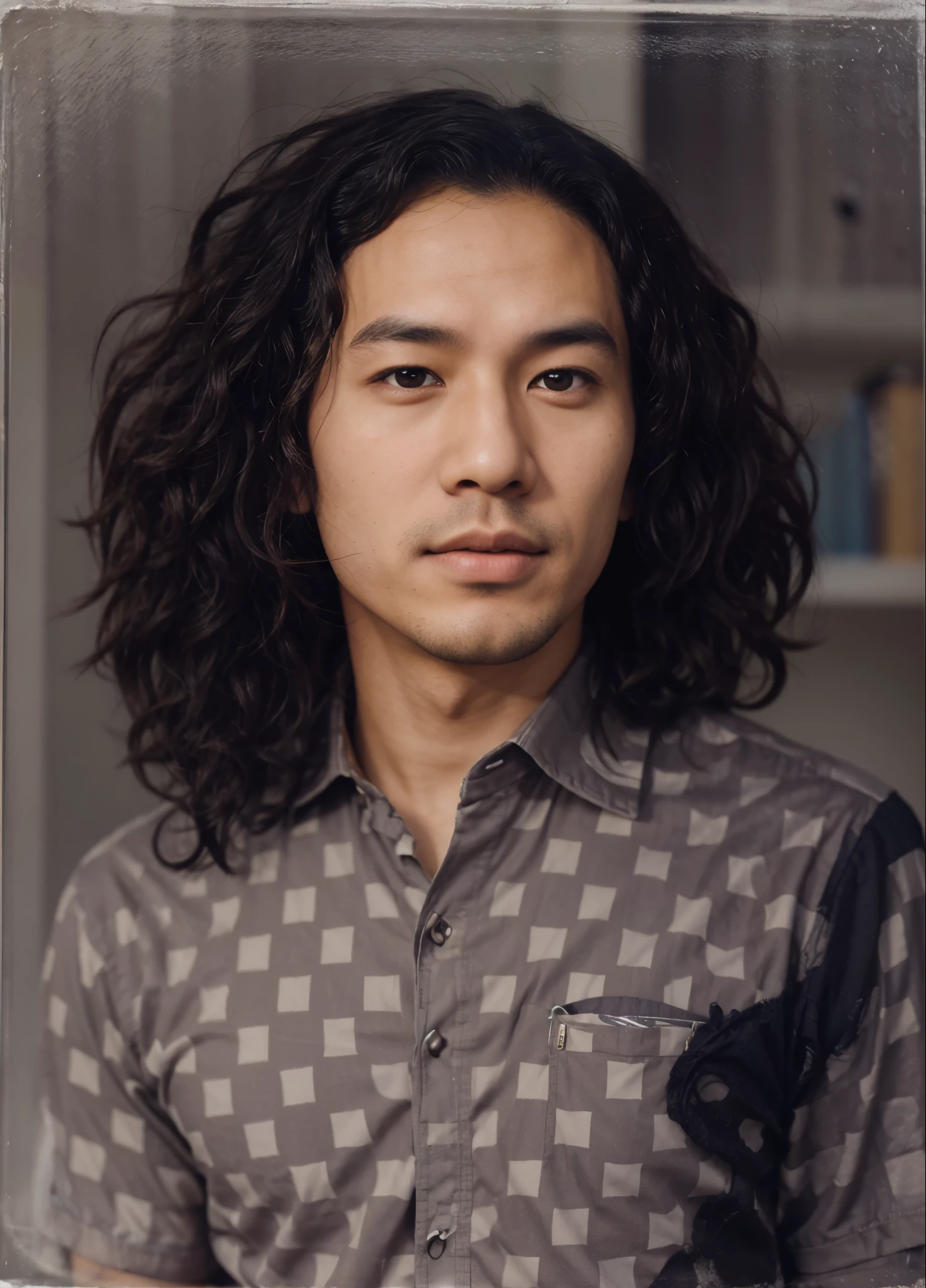 portrait of an Asian man with curly hair wearing a shirt with a small checkered pattern
