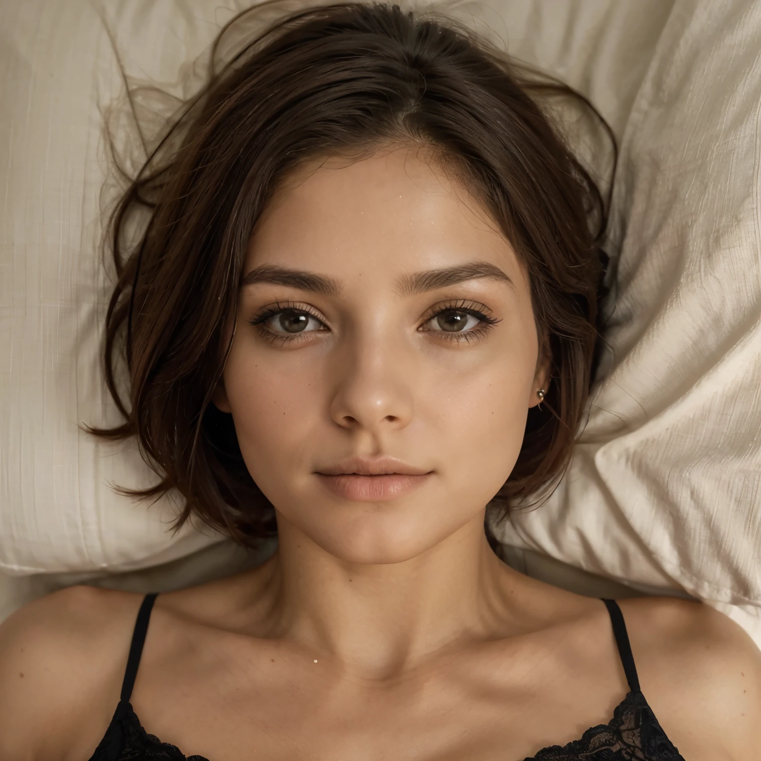 beleza, Rosto Oculto, 1 garota, beleza: 1.3, Abs delgado: 1.1, Camisole Vest, Cabelo Moreno Comprido, (Sentado na cama), Rosto ultra detalhado, Highly detailed lips, olhos detalhados, palpebras duplas
