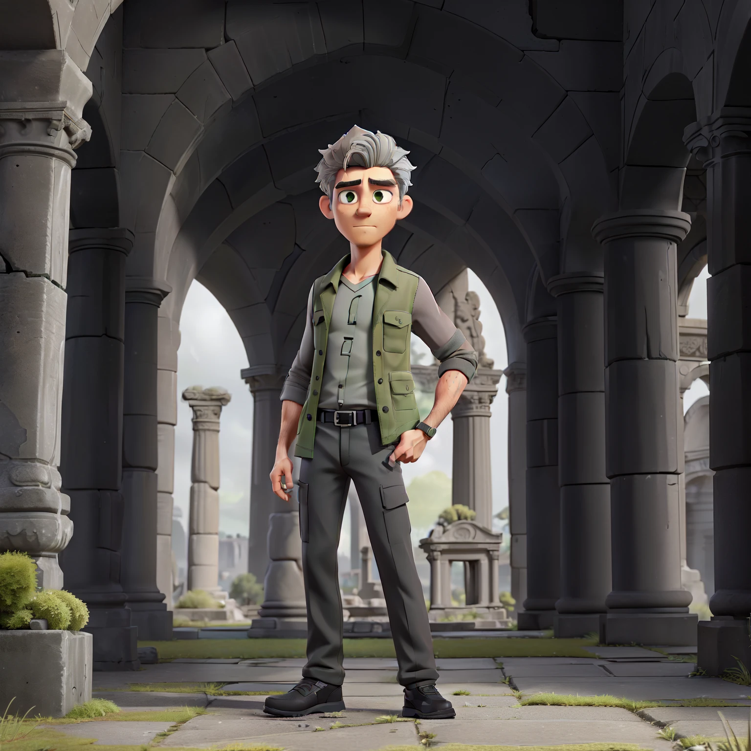 A person with a defined body, alone, Pistol in his hand., gray hair, Locks of hair in a mossy green tone, short hair, ((black and gray social shirts, Gray and black and long pants.)), black social shoes, Serious look, light green eyes, Ancient ruins, Black tie.