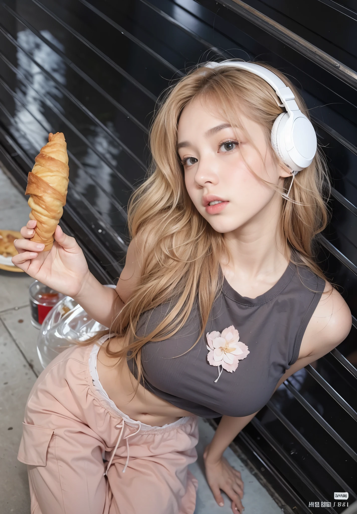 chica araffe con auriculares sosteniendo un croissant y un baguet, bella delfina, parque roseanne de blackpink, ulzzang, sakimichan frank franzzeta, ava max, chica anime en la vida real, sakimichan, Lalisa Manobal, Lalisa Manoban de Blackpink, ig model | germen de arte, korean idol