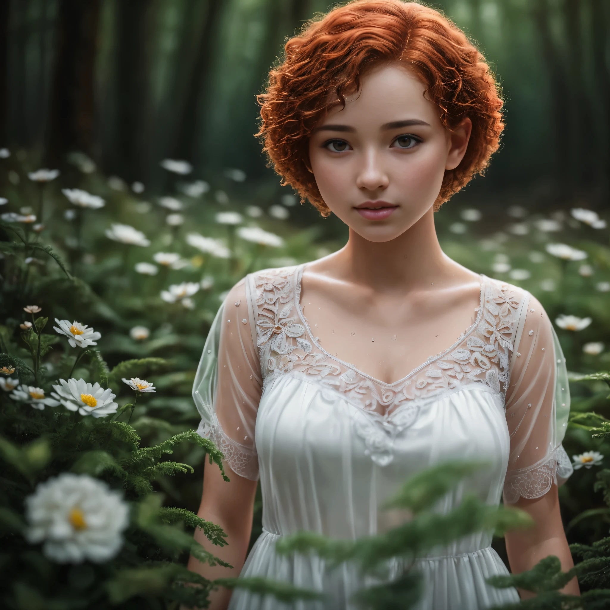 cute woman under drizzling rain, 1girl, (elegant, beautiful face), transparent white dress, forest moss, (freckles:0.8), flowers feld, , curly red hair, magical atmosphere, (short hair), ((detailed skin, skin texture)), ultradetailed, (intricately detailed, fine details, hyperdetailed), raytracing, subsurface scattering, (fantasy underworld on background), diffused soft lighting, shallow depth of field, sharp focus bokeh, (realistic photo quality:1.4)