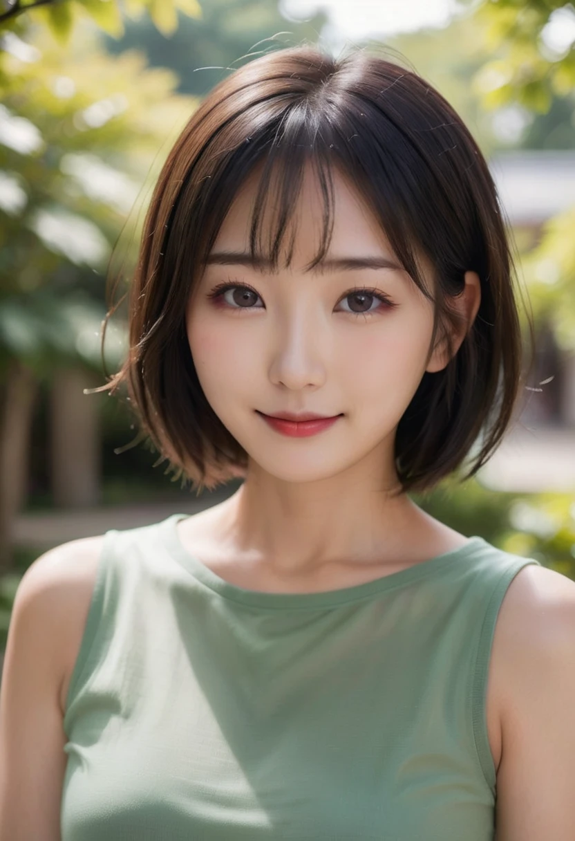 Portrait、8k、high quality、realistic photographic image、28 years old、japanese woman、Reproduces natural and realistic eyes、japanese stand、beautiful black hair、bob cut hair、light makeup、Octane firm、beautiful lighting、composition of golden ratio、laughter、everyday wear、casual clothes、natural background、blurred background、high level emotion、Pure Japanese humanity、beautiful wife、Upper body、light makeup、No makeup、transparent beauty、plain clothes、green、Plain color、casual clothes、slight smile、small black eyes、background bokeh