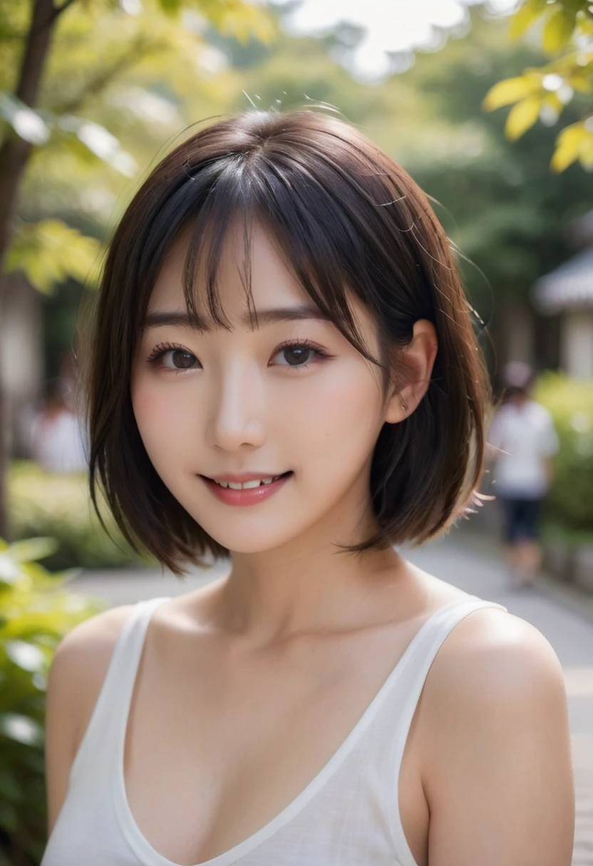 Portrait、8k、high quality、realistic photographic image、28 years old、japanese woman、Reproduces natural and realistic eyes、japanese stand、beautiful black hair、bob cut hair、light makeup、Octane firm、beautiful lighting、composition of golden ratio、laughter、everyday wear、casual clothes、natural background、blurred background、high level emotion、Pure Japanese humanity、beautiful wife、Upper body、light makeup、No makeup、transparent beauty、plain clothes、green、Plain color、casual clothes、slight smile、small black eyes、background bokeh